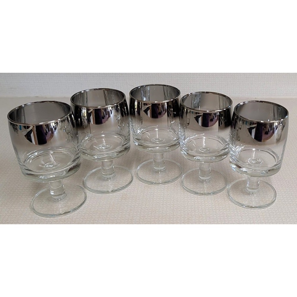 MCM Lusterware Silver Fade Cocktail Wine Glasses 1950s, 1 Scratched, Set of 5